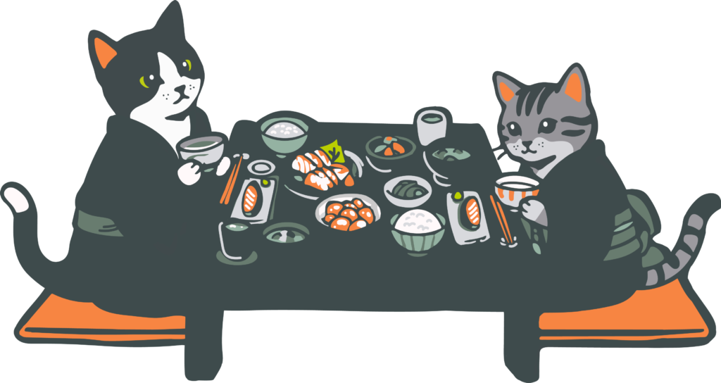 A digital illustration by aini (@ainiwaffles) of two cats wearing yukatas sitting at a low table filled with a traditional Japanese multi-course meal.