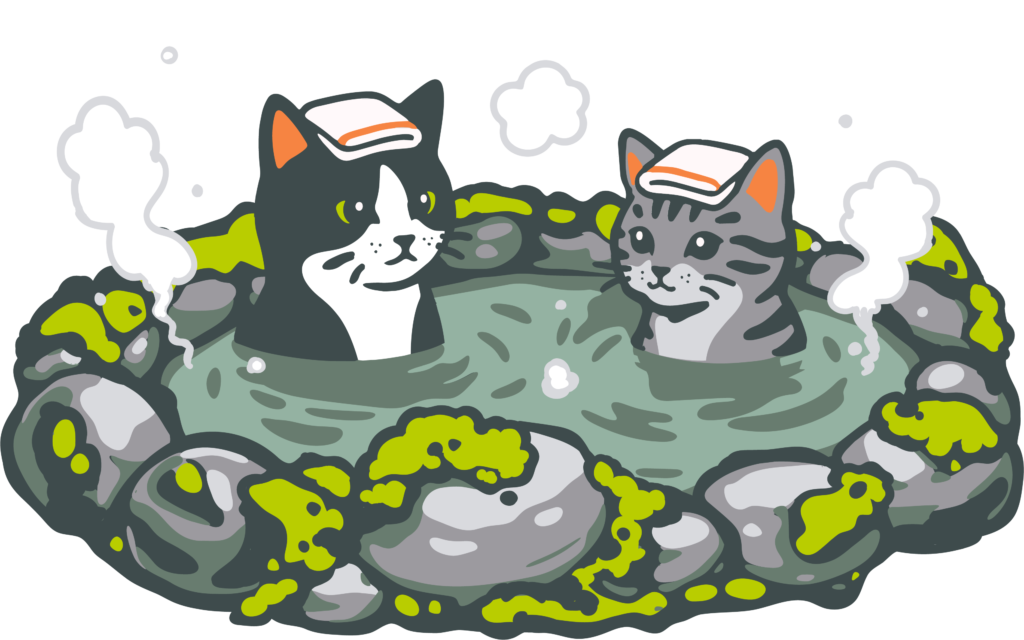 A digital illustration by aini (@ainiwaffles) of a tuxedo cat and a grey tabby cat soaking in a mossy stone hot spring with towels on their heads.