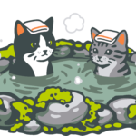 A digital illustration by aini (@ainiwaffles) of a tuxedo cat and a grey tabby cat soaking in a mossy stone hot spring with towels on their heads.