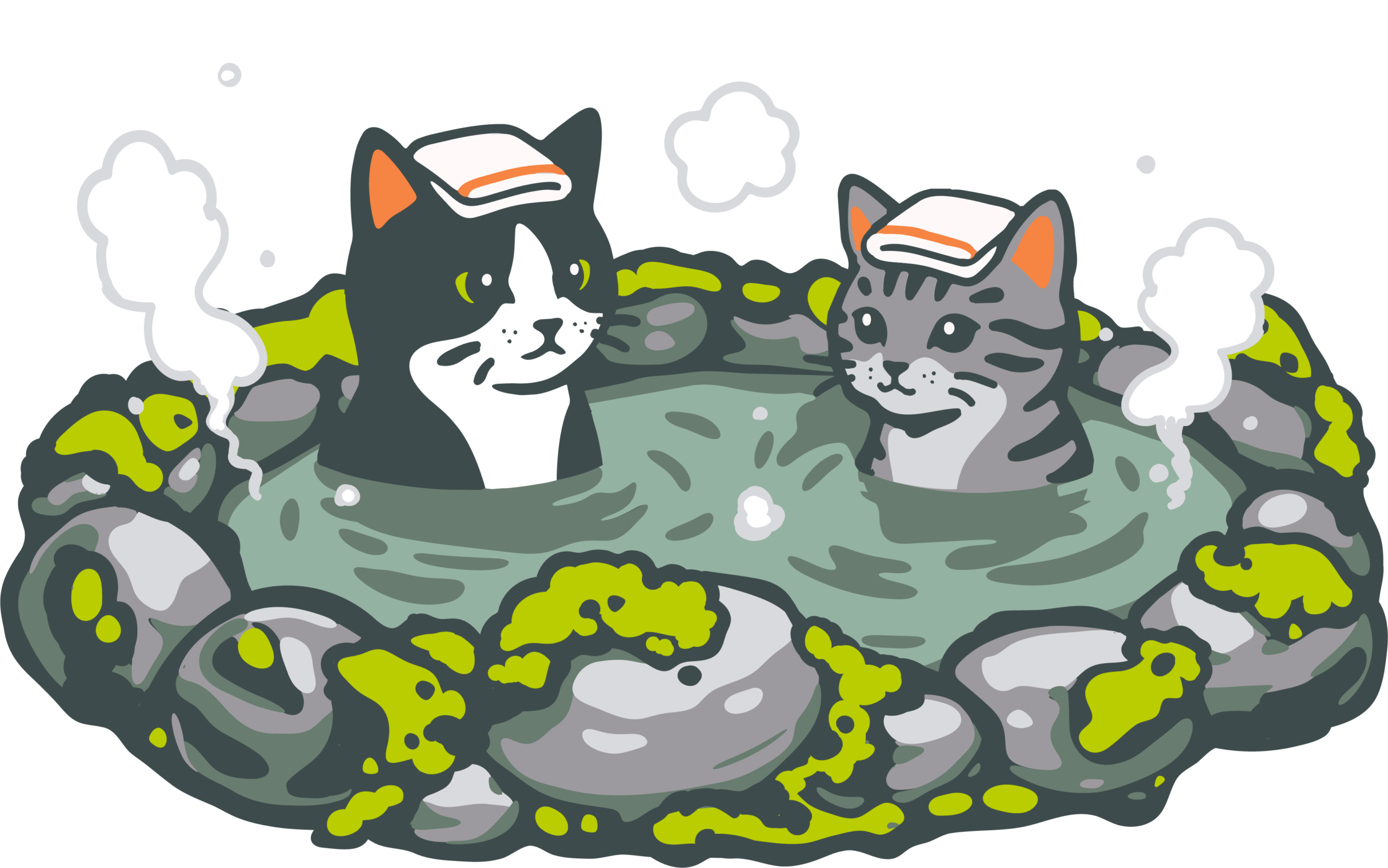 A digital illustration by aini (@ainiwaffles) of a tuxedo cat and a grey tabby cat soaking in a mossy stone hot spring with towels on their heads.