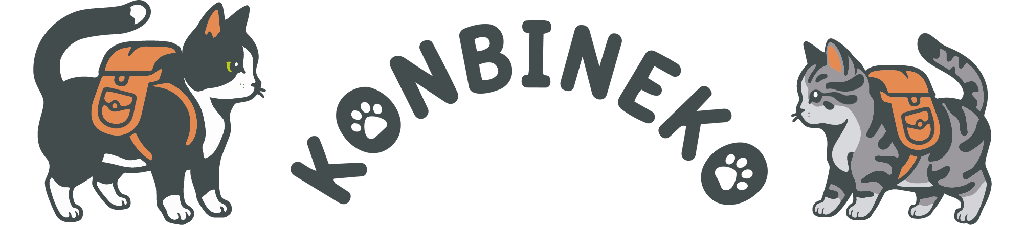 The Konbineko blog logo by aini (@ainiwaffles) featuring a tuxedo cat and a grey tabby cat, both wearing orange backpacks, flanking the arched text "KONBINEKO" with paw print accents.