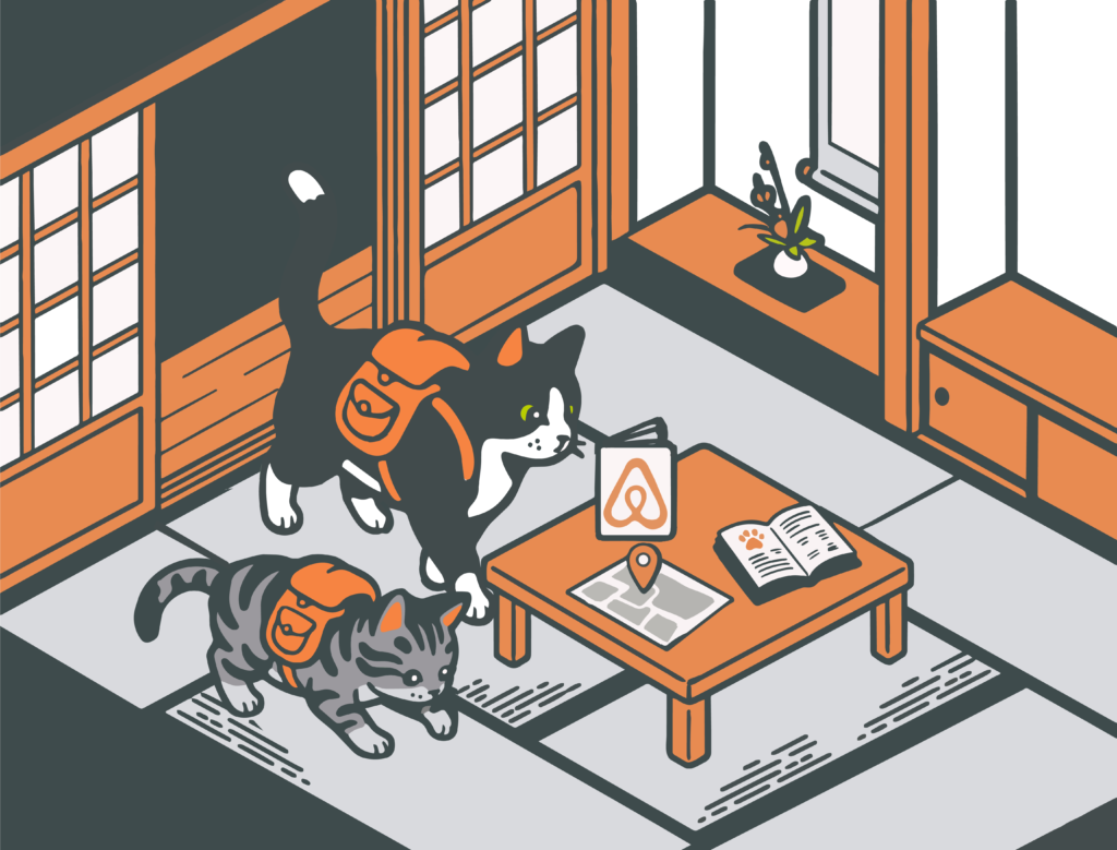 Konbineko cats wearing backpacks explore a traditional Japanese apartment with tatami mats, checking an Airbnb map and guidebook.