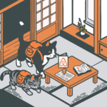 Konbineko cats wearing backpacks explore a traditional Japanese apartment with tatami mats, checking an Airbnb map and guidebook.